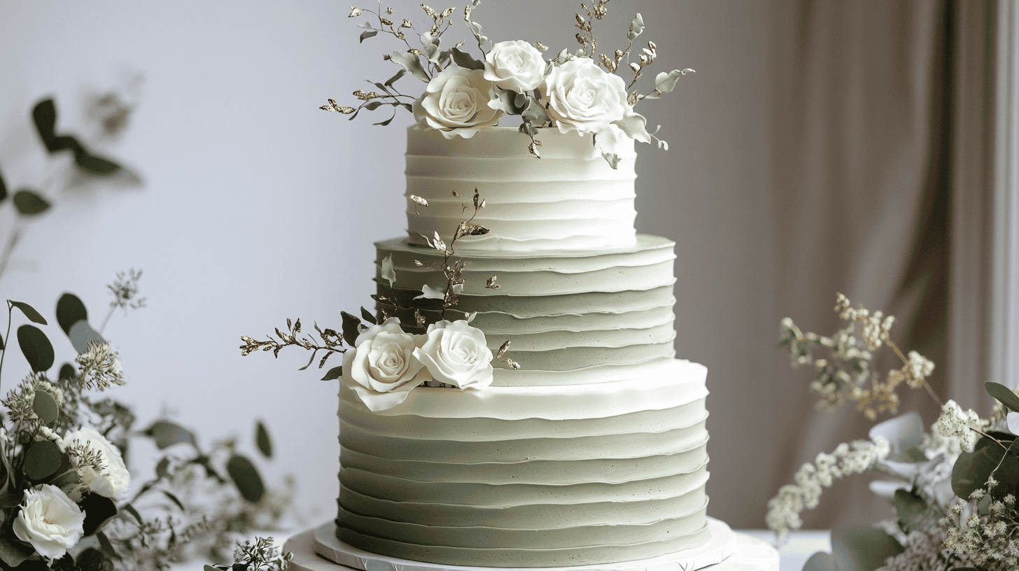 A two-tiered cake with green and white textured frosting, perfect for garden ceremony wedding cake ideas, is adorned with white roses, gold leaves, and surrounded by sprigs of greenery and small white flowers—an elegant sage green wedding cake.