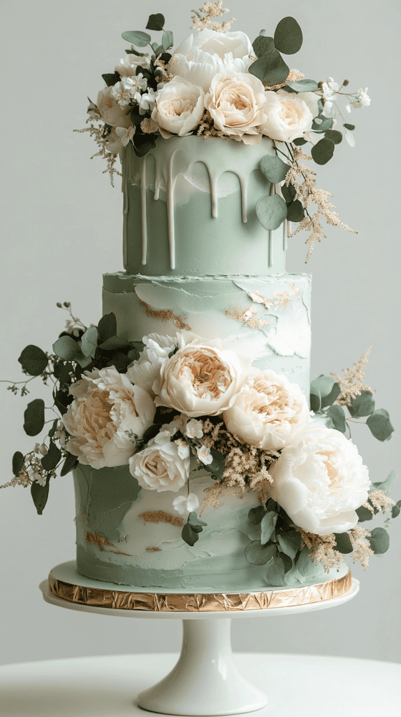 Timeless sage green wedding cake featuring smooth buttercream tiers adorned with delicate edible gold leaf pressed organically along the edges and subtle hand-painted gold brushstrokes.
