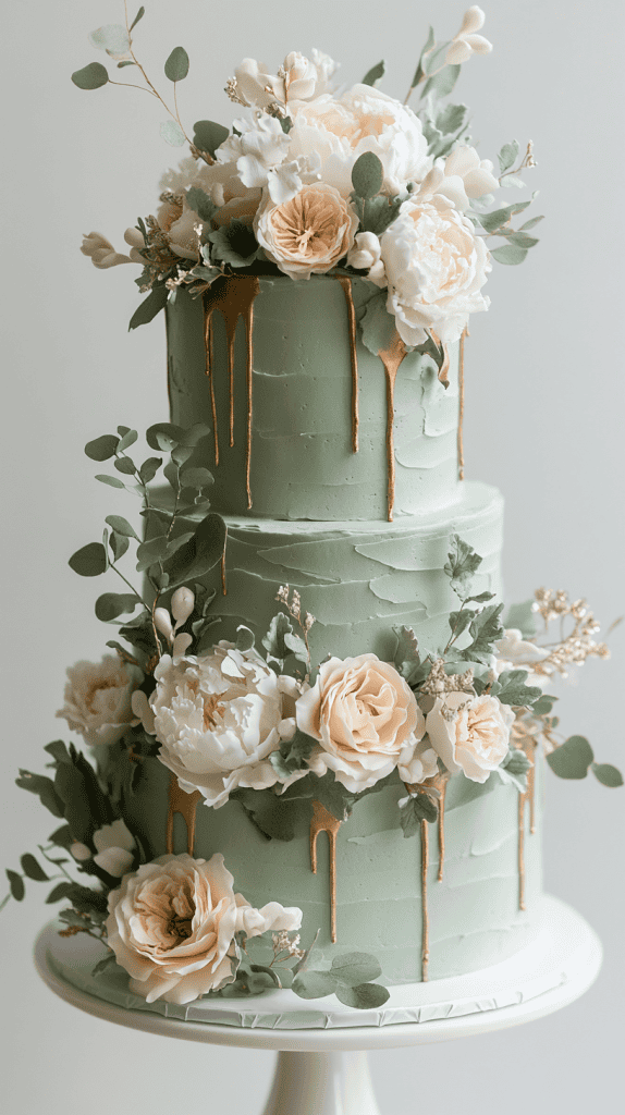 Timeless sage green wedding cake featuring smooth buttercream tiers adorned with delicate edible gold leaf pressed organically along the edges and subtle hand-painted gold brushstrokes.