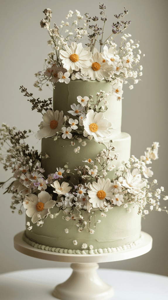 Sophisticated four-tier sage green fondant wedding cake with clean smooth surfaces adorned with pressed edible petals and structured wildflower arrangements varying by tier.