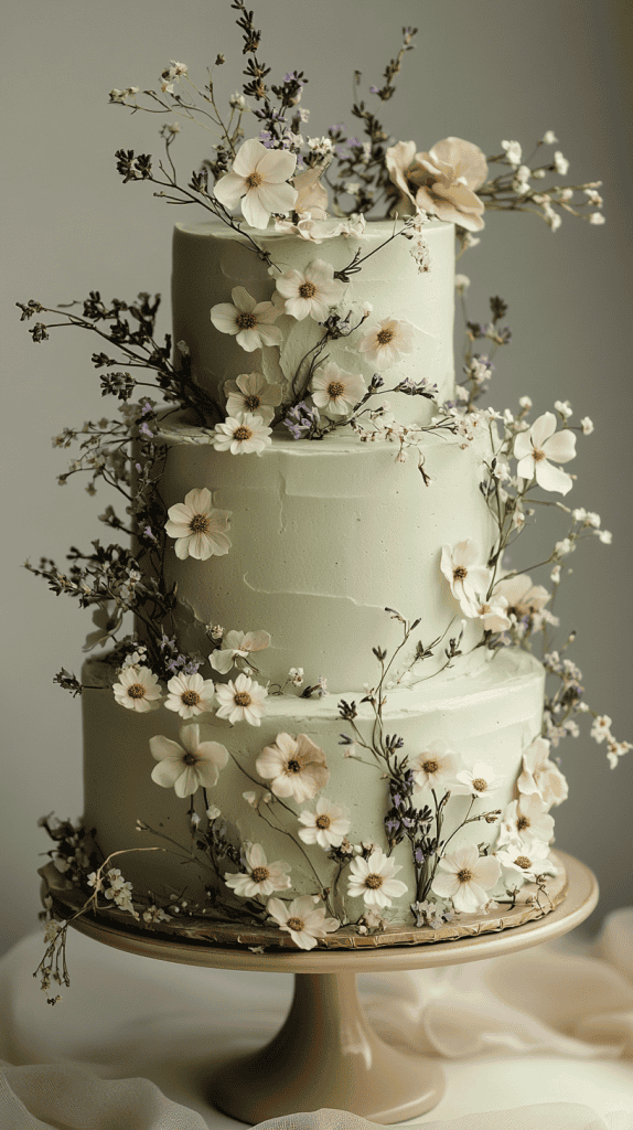 Sophisticated four-tier sage green fondant wedding cake with clean smooth surfaces adorned with pressed edible petals and structured wildflower arrangements varying by tier.