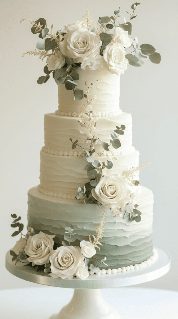 Refined semi-naked ombré wedding cake with lightly exposed layers beneath sage green and cream-tinted buttercream frosting