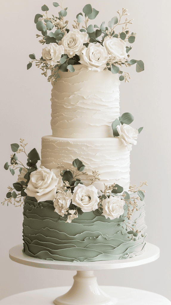 Refined semi-naked ombré wedding cake with lightly exposed layers beneath sage green and cream-tinted buttercream frosting