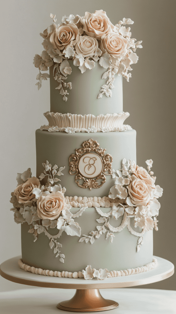 Refined sage green and ivory wedding cake featuring classic Lambeth piping concentrated along tier edges, with scalloped borders, shell piping, and delicate swags framing smooth buttercream surfaces.