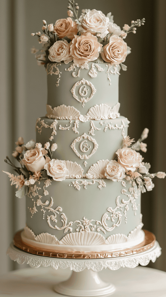 Refined sage green and ivory wedding cake featuring classic Lambeth piping concentrated along tier edges, with scalloped borders, shell piping, and delicate swags framing smooth buttercream surfaces.