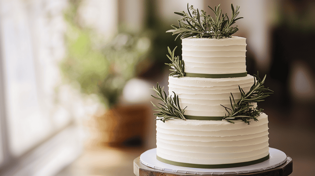 Minimalist three-tier white buttercream wedding cake accented with thin sage green bands around each tier