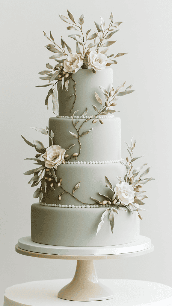 Refined four-tier sage green fondant wedding cake with clean structured edges and carefully placed olive branches wrapped elegantly around each tier.