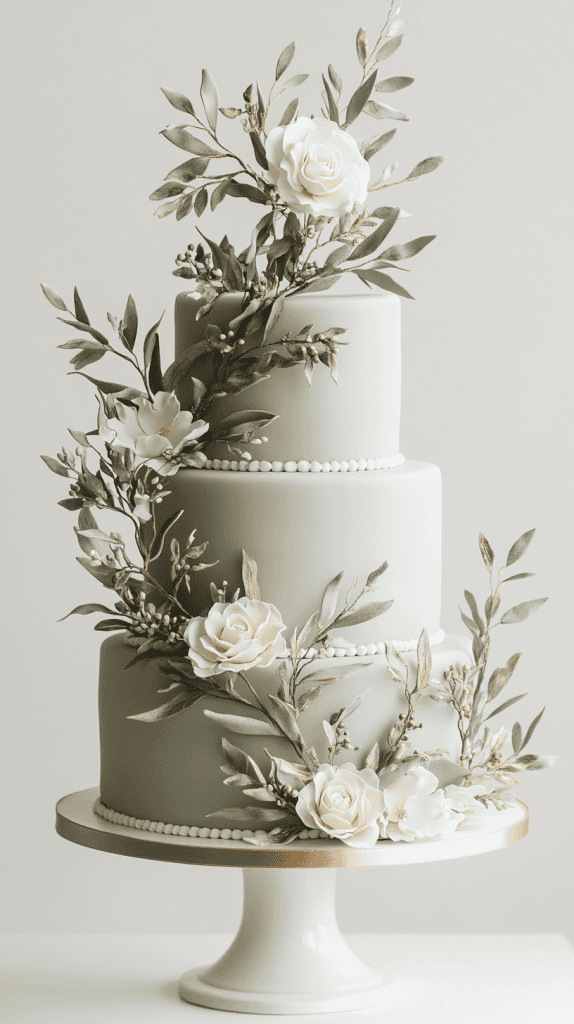 Refined four-tier sage green fondant wedding cake with clean structured edges and carefully placed olive branches wrapped elegantly around each tier.