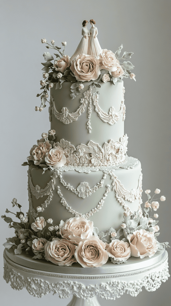 Refined sage green and ivory wedding cake featuring classic Lambeth piping concentrated along tier edges, with scalloped borders, shell piping, and delicate swags framing smooth buttercream surfaces.