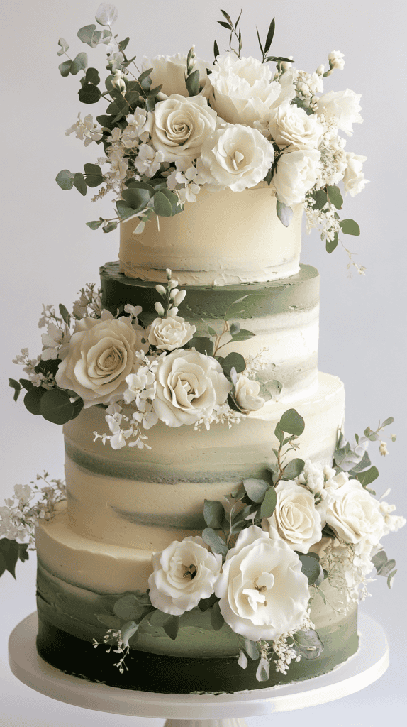 Refined semi-naked ombré wedding cake with lightly exposed layers beneath sage green and cream-tinted buttercream frosting