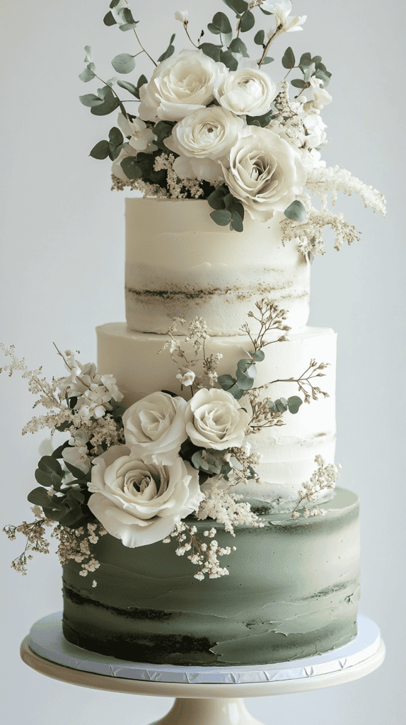 Refined semi-naked ombré wedding cake with lightly exposed layers beneath sage green and cream-tinted buttercream frosting