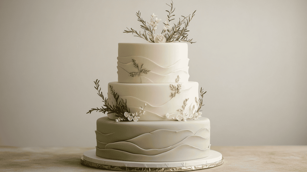 Refined three-tier sage green and ivory buttercream cake with smooth matte finish, thin gold leaf accents tracing each tier edge