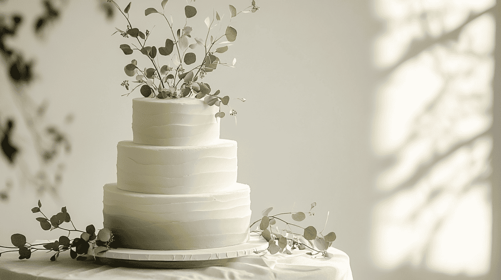 Refined three-tier sage green wedding cake with smooth buttercream finish, clean sharp edges, minimalist outdoor ceremony aesthetic, soft sage ombré blending into ivory