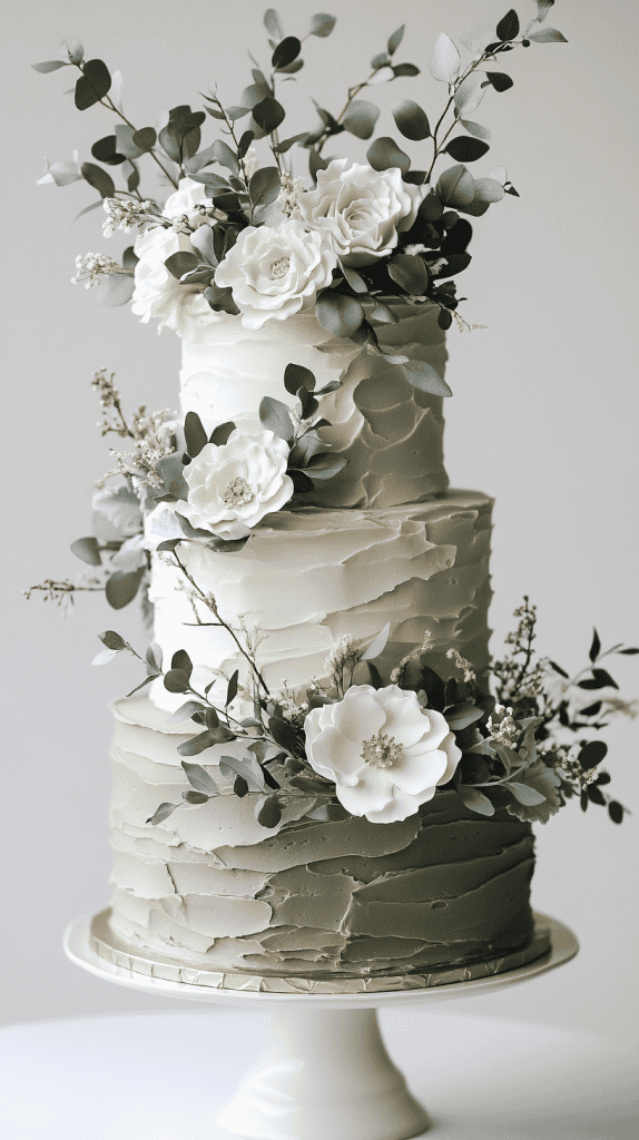 Refined four-tier sage green fondant wedding cake with clean structured edges and carefully placed olive branches wrapped elegantly around each tier.