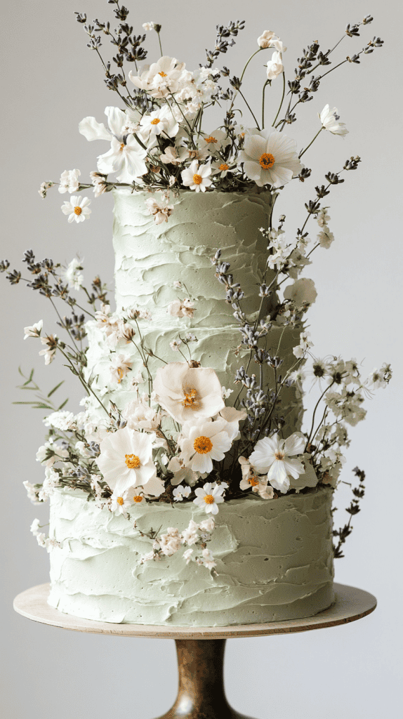 Sophisticated four-tier sage green fondant wedding cake with clean smooth surfaces adorned with pressed edible petals and structured wildflower arrangements varying by tier.