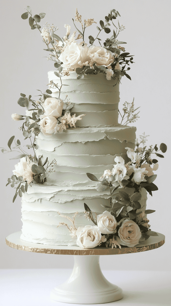 Refined four-tier sage green fondant wedding cake with clean structured edges and carefully placed olive branches wrapped elegantly around each tier.