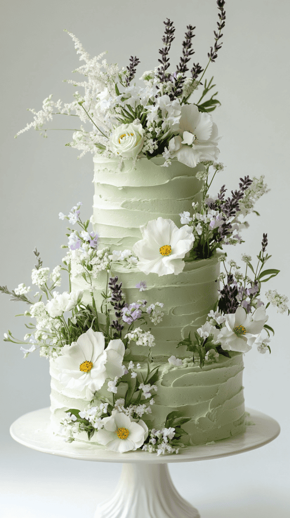 Sophisticated four-tier sage green fondant wedding cake with clean smooth surfaces adorned with pressed edible petals and structured wildflower arrangements varying by tier.