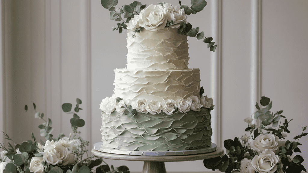 Romantic three-tier buttercream wedding cake with soft sage ombré gradients, textured palette knife frosting
