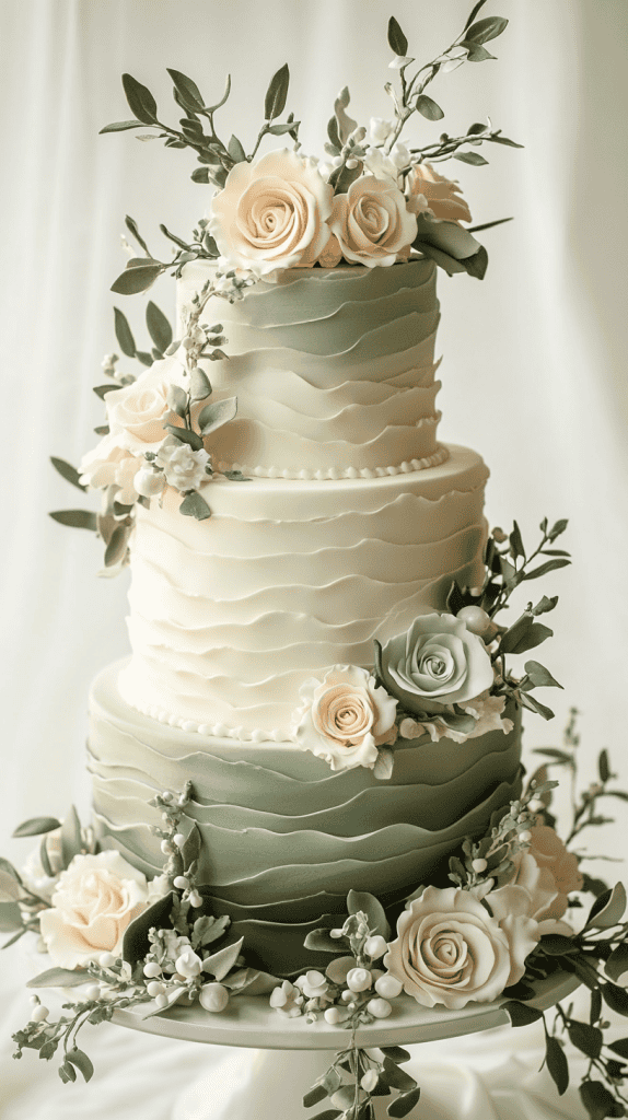 Refined semi-naked ombré wedding cake with lightly exposed layers beneath sage green and cream-tinted buttercream frosting