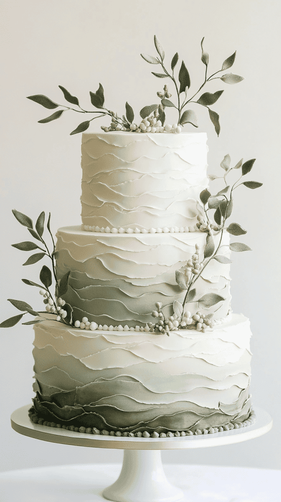 Refined semi-naked ombré wedding cake with lightly exposed layers beneath sage green and cream-tinted buttercream frosting