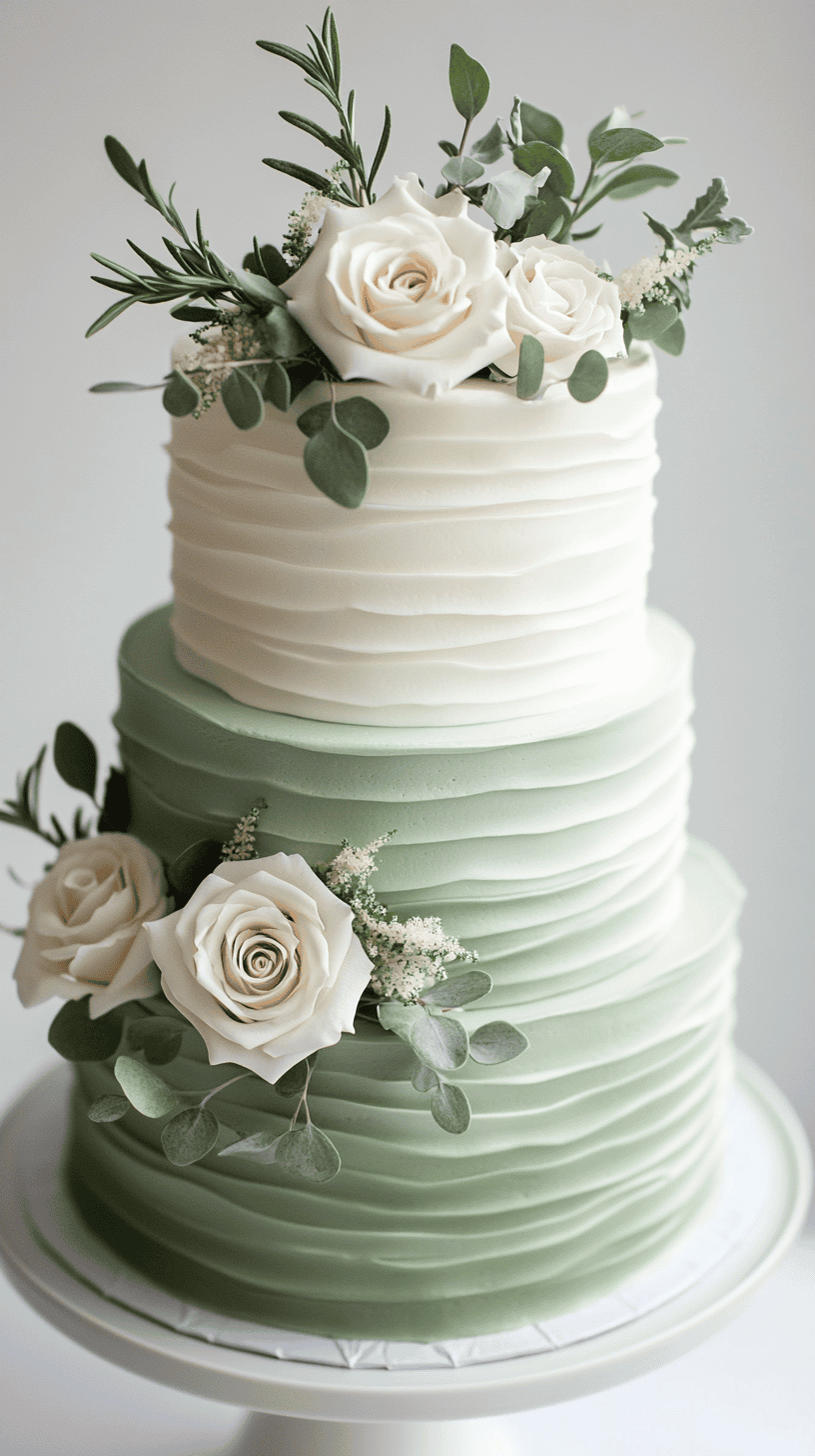 Three-tier white buttercream wedding cake with smooth flawless frosting and delicate sage green accents, featuring soft sage bands around each tier, subtle painted botanical leaves, and minimal buttercream florals.