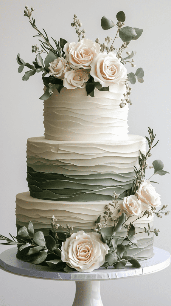 Three-tier white buttercream wedding cake with smooth flawless frosting and delicate sage green accents, featuring soft sage bands around each tier, subtle painted botanical leaves, and minimal buttercream florals.