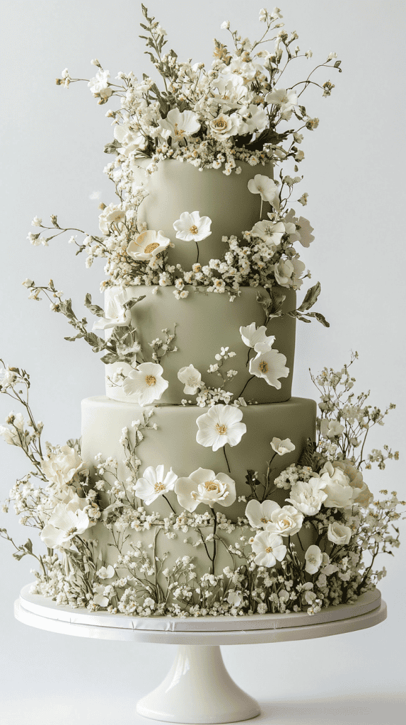 Sophisticated four-tier sage green fondant wedding cake with clean smooth surfaces adorned with pressed edible petals and structured wildflower arrangements varying by tier.