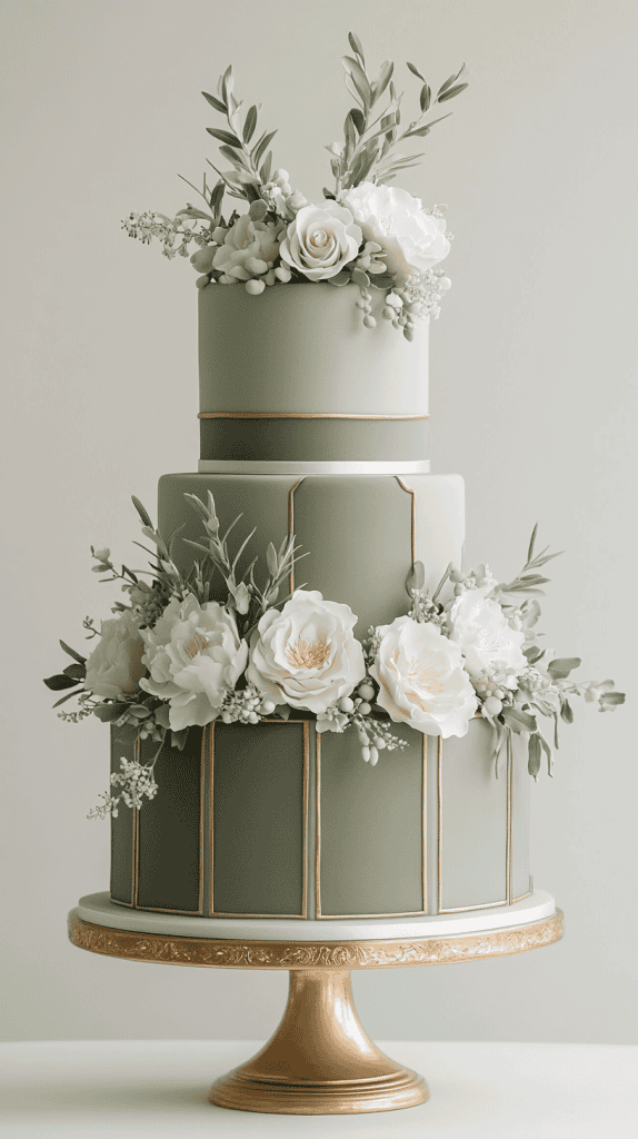 Timeless sage green wedding cake featuring smooth buttercream tiers adorned with delicate edible gold leaf pressed organically along the edges and subtle hand-painted gold brushstrokes.