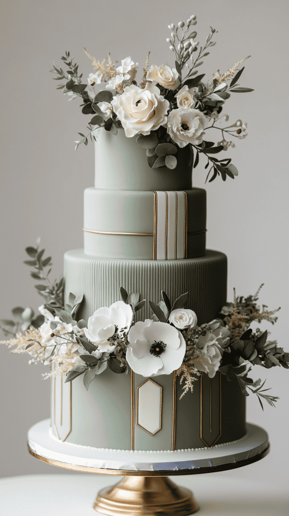 Timeless sage green wedding cake featuring smooth buttercream tiers adorned with delicate edible gold leaf pressed organically along the edges and subtle hand-painted gold brushstrokes.