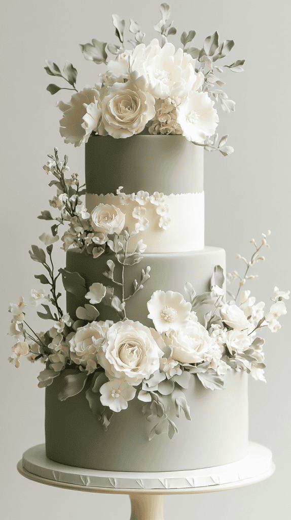 Sophisticated four-tier sage green fondant wedding cake with clean smooth surfaces adorned with pressed edible petals and structured wildflower arrangements varying by tier.