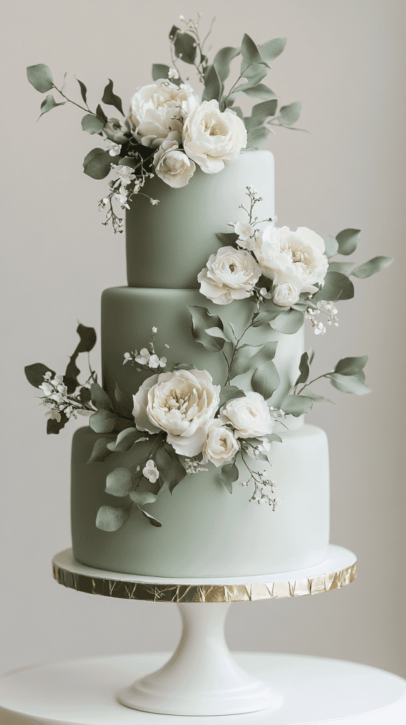 Refined four-tier sage green fondant wedding cake with clean structured edges and carefully placed olive branches wrapped elegantly around each tier.