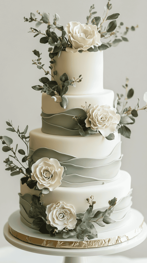 Three-tier white buttercream wedding cake with smooth flawless frosting and delicate sage green accents, featuring soft sage bands around each tier, subtle painted botanical leaves, and minimal buttercream florals.