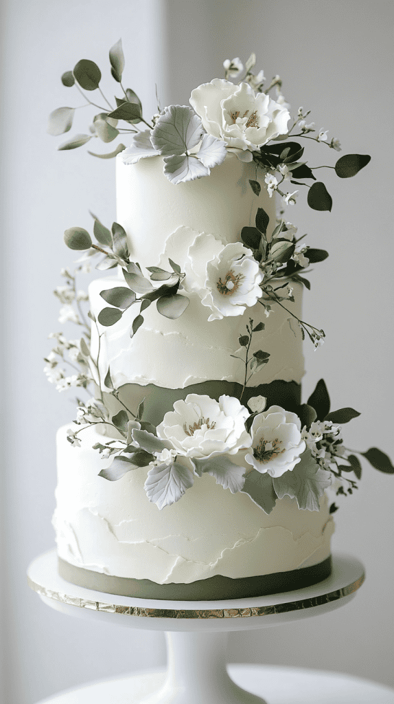 Three-tier white buttercream wedding cake with smooth flawless frosting and delicate sage green accents, featuring soft sage bands around each tier, subtle painted botanical leaves, and minimal buttercream florals.