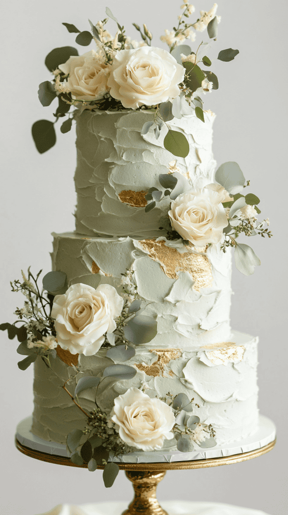 Timeless sage green wedding cake featuring smooth buttercream tiers adorned with delicate edible gold leaf pressed organically along the edges and subtle hand-painted gold brushstrokes.