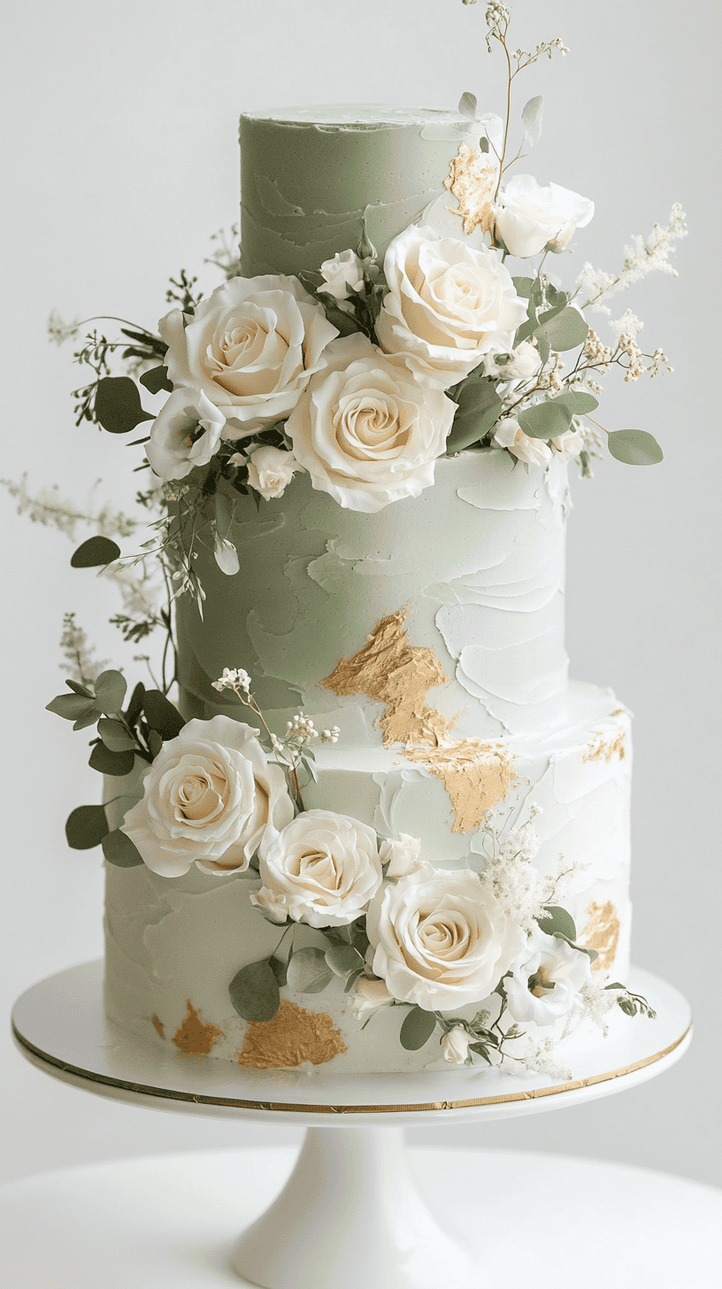 Timeless sage green wedding cake featuring smooth buttercream tiers adorned with delicate edible gold leaf pressed organically along the edges and subtle hand-painted gold brushstrokes.